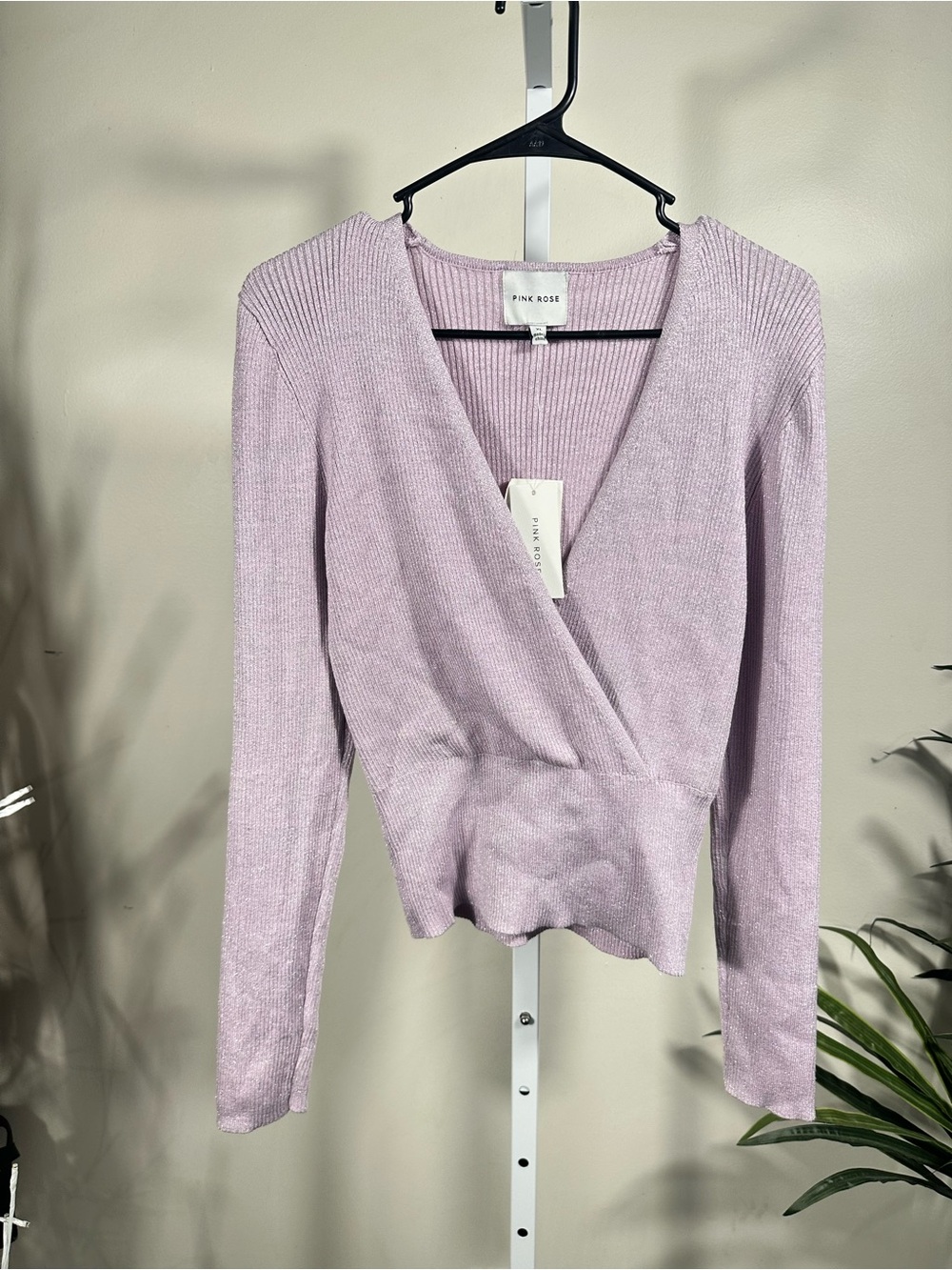 N243. Pink Rose sparkly Lavender Faux Wrap Sweater